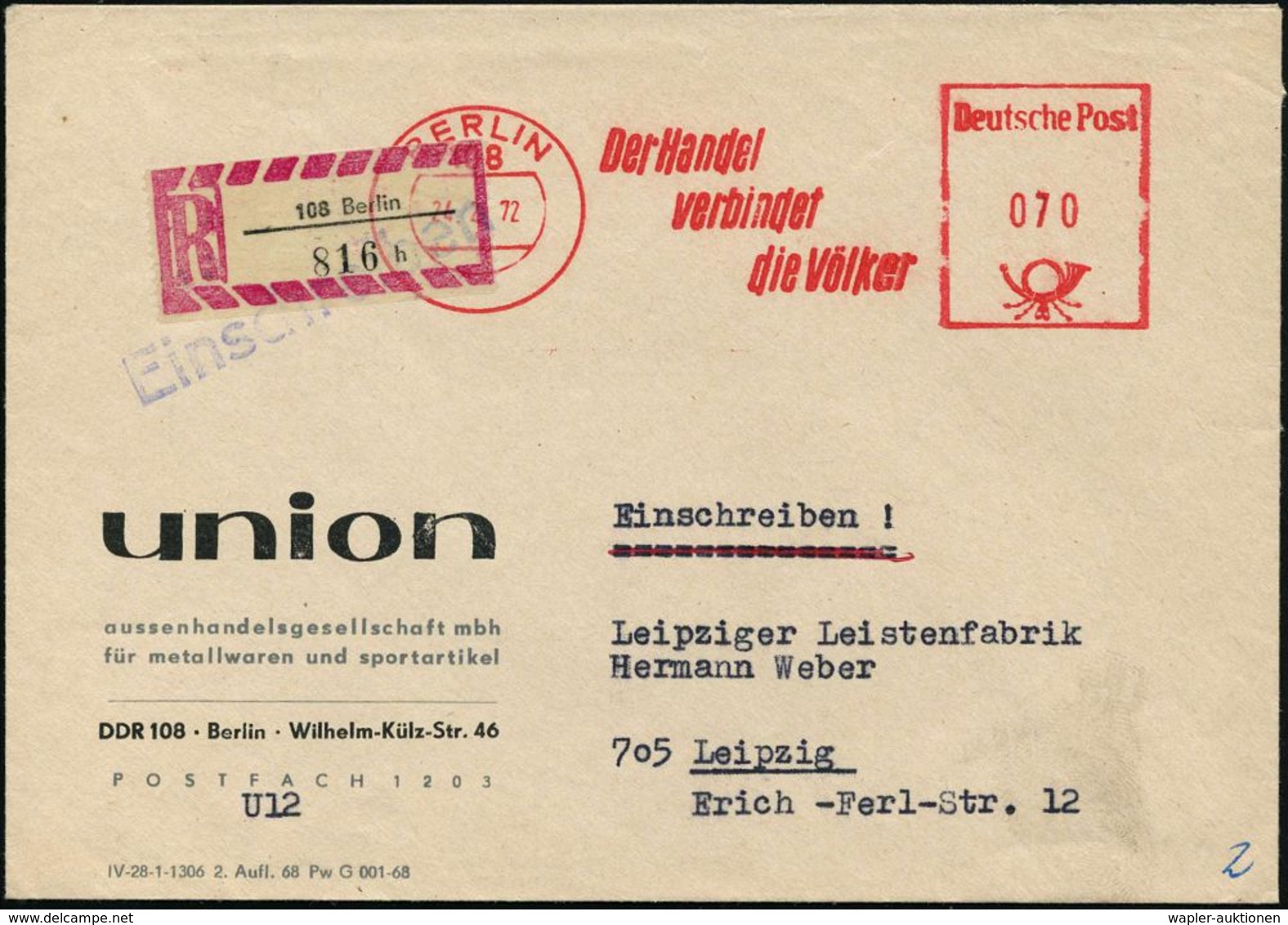 108 BERLIN/ Der Handel/ Verbindet/ Die Völker 1972 (24.2.) AFS 070 Pf. + RZ: 108 Berlin/h, Firmen-Bf.: Union Aussenhande - Autres & Non Classés