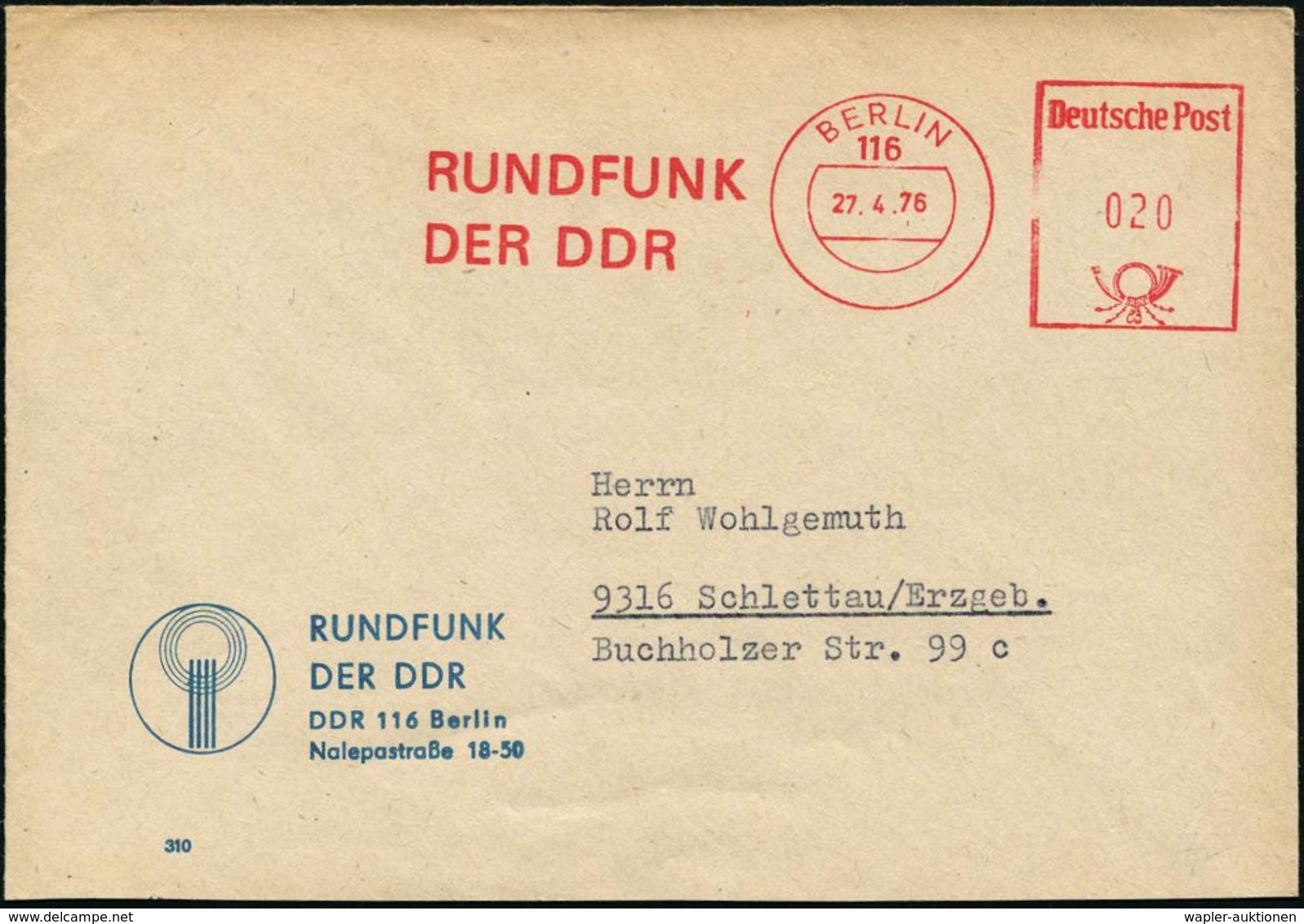 116 BERLIN/ RUNDFUNK/ DER DDR 1976 (27.4.) AFS Postalia Klar Auf Dekorat. Vordr.-Bf.: Sender-Logo (Eich.87 A) - Hund, Wo - Altri & Non Classificati