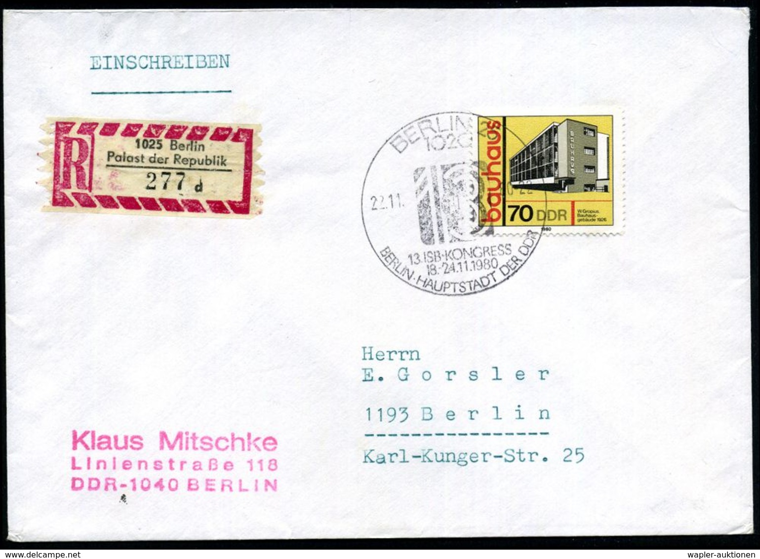 1020 BERLIN 25/ 13.ISB-KONGRESS/ BERLIN HAUPTSTADT DER DDR 1980 (22.11.) SSt = Hauspostamt Palast Der Republik + Sonder- - Autres & Non Classés