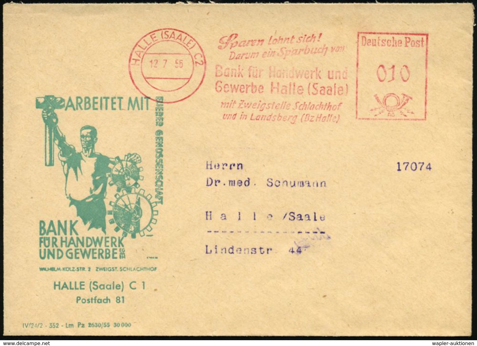 HALLE (SAALE) C 2/ Sparen Lohnt Sich!/ ..Bank Für Handwerk U./ Gewerbe../ Mit Zweigstelle Schlacht-hof.. 1956 (4.8.) AFS - Autres & Non Classés