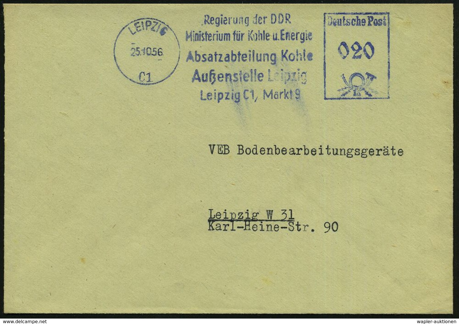 LEIPZIG/ C1/ Regierung Der DDR/ Ministerium Für Kohle U.Energie/ Absatzabteilung Kohle.. 1956 (25.10.) Blauer AFS = DDR- - Autres & Non Classés