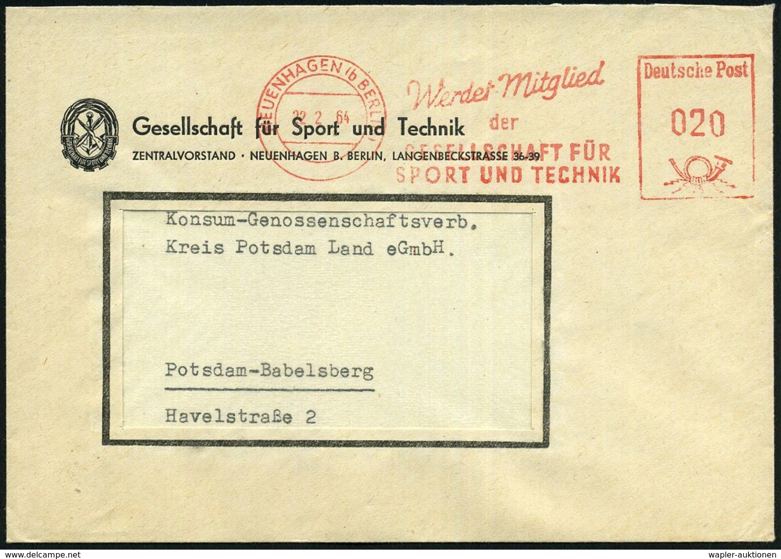 NEUENHAGEN (b BERLIN)/ Werdet Mitglied/ Der/ GESELLSCHAFT FÜR/ SPORT U.TECHNIK 1968 (22.2.) Seltener AFS Auf Dienst-Bf.: - Autres & Non Classés