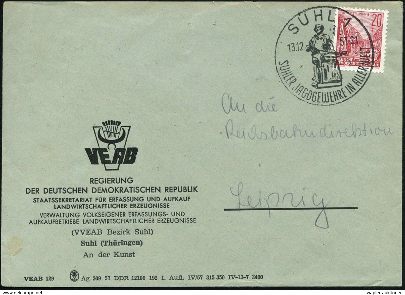 SUHL 1/ SUHLER JAGDGEWEHRE IN ALLER WELT 1957 (13.12.) HWSt = Histor. Waffenschmied , Dekorat. Dienst-Bf.: VE AB/ REGIER - Autres & Non Classés
