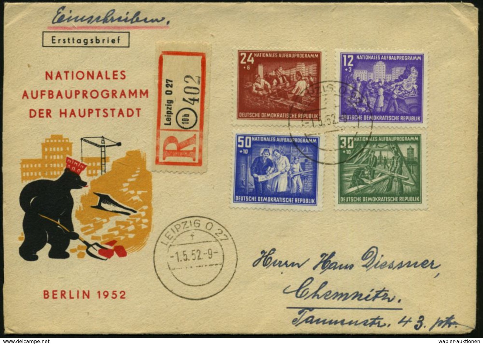 D.D.R. 1952 (1.5.) "Nationales Aufbauprogramm Berlin" (Ost), Kompl. Satz , 2K. + RZ: (10 B) Leipzig O 27, Klar Gest. Bed - Autres & Non Classés