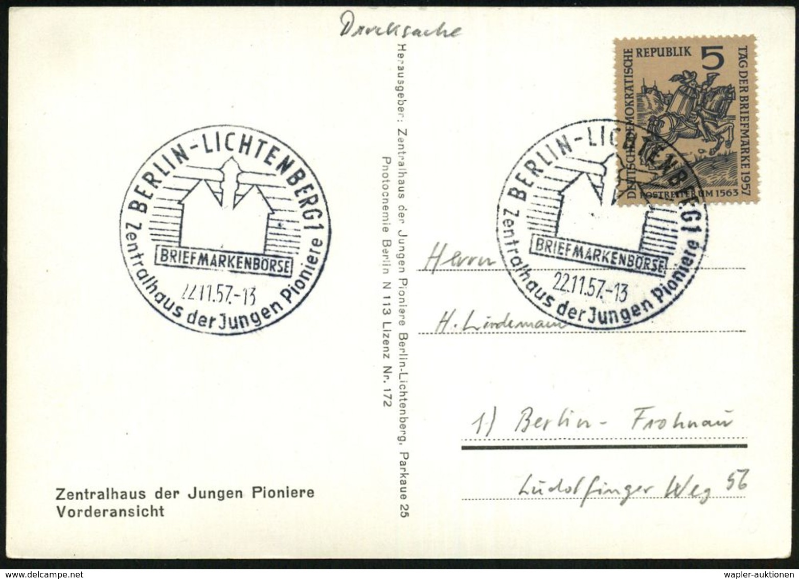 BERLIN-LICHTENBERG 1/ BRIEFMARKENBÖRSE/ Zentralhaus Der Jungen Pioniere 1957 (22.11.) SSt (stilis.Haus Der Pioniere) Mot - Altri & Non Classificati