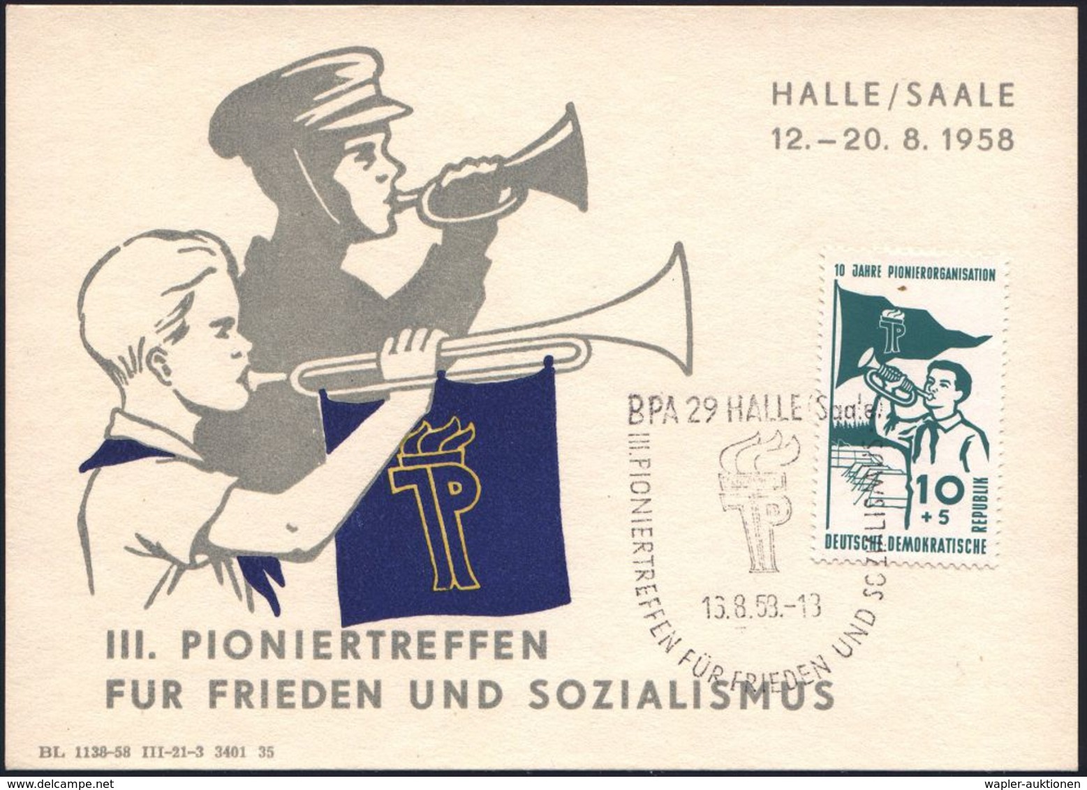 HALLE (Saale) BPA 29/ III. PIONIERTREFFEN FÜR FRIEDEN U.SOZIALISMUS/ JP 1958 (16.8.) SSt Auf 10 + 5 Pf. "10 Jahre Thälma - Autres & Non Classés