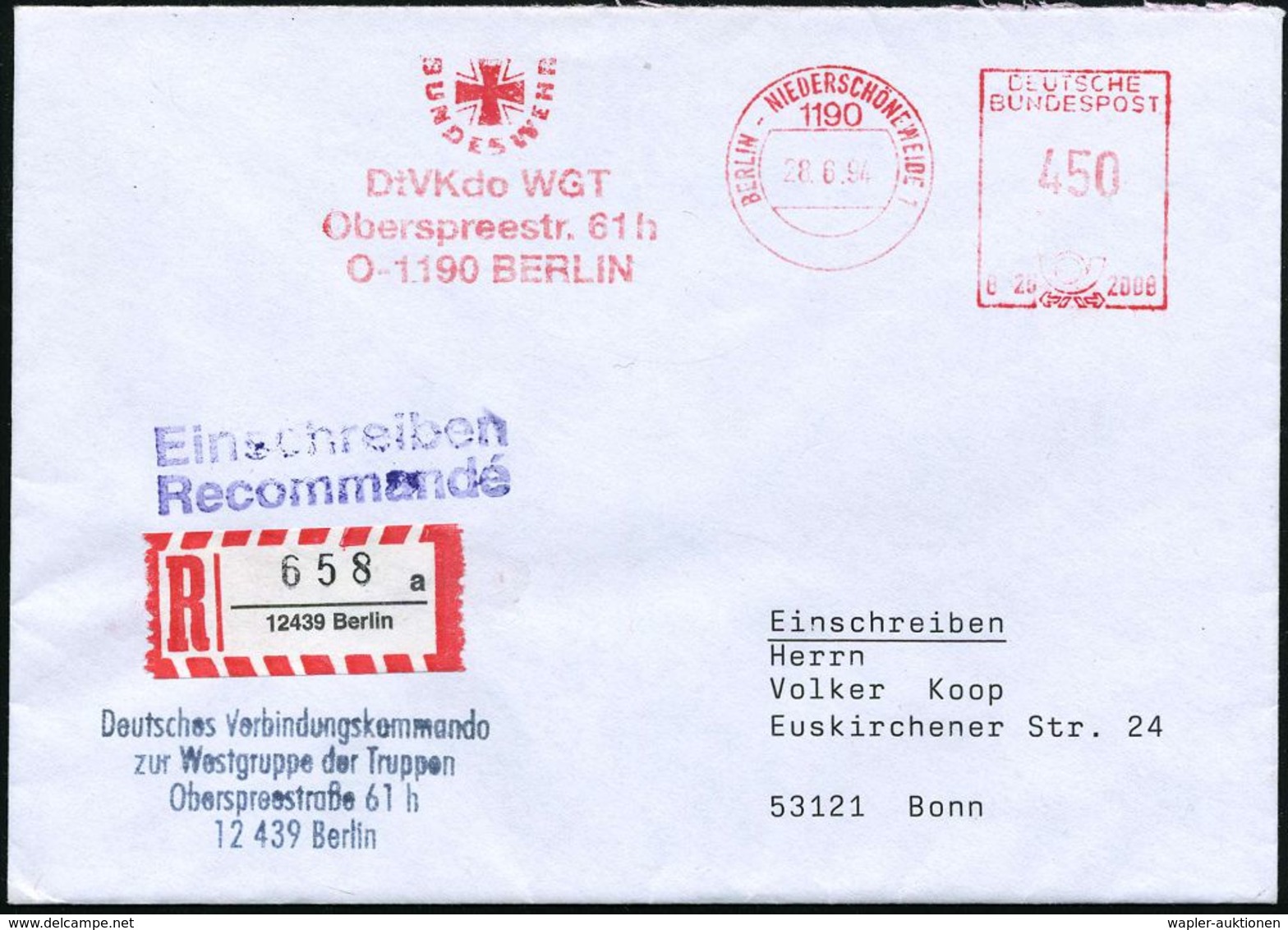 1190 BERLIN-NIEDERSCHÖNEWEIDE/ NUNDESWEHR/ DtVKdo WGT/ Oberspreestr.. 1994 (28.6.) AFS 450 Pf. + Abs.-4L: Deutsches Verb - Andere & Zonder Classificatie