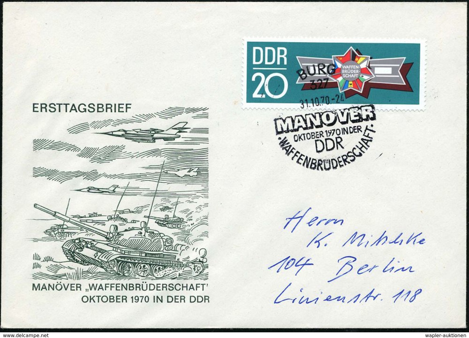 327 BURG/ MANÖVER/ ..IN DER/ DDR/ "WAFFENBRÜDERSCHAFT" 1970 (31.10.) SSt Auf EF 20 Pf. "Waffenbrüderschaft" (Mi.1616 EF) - Sonstige & Ohne Zuordnung