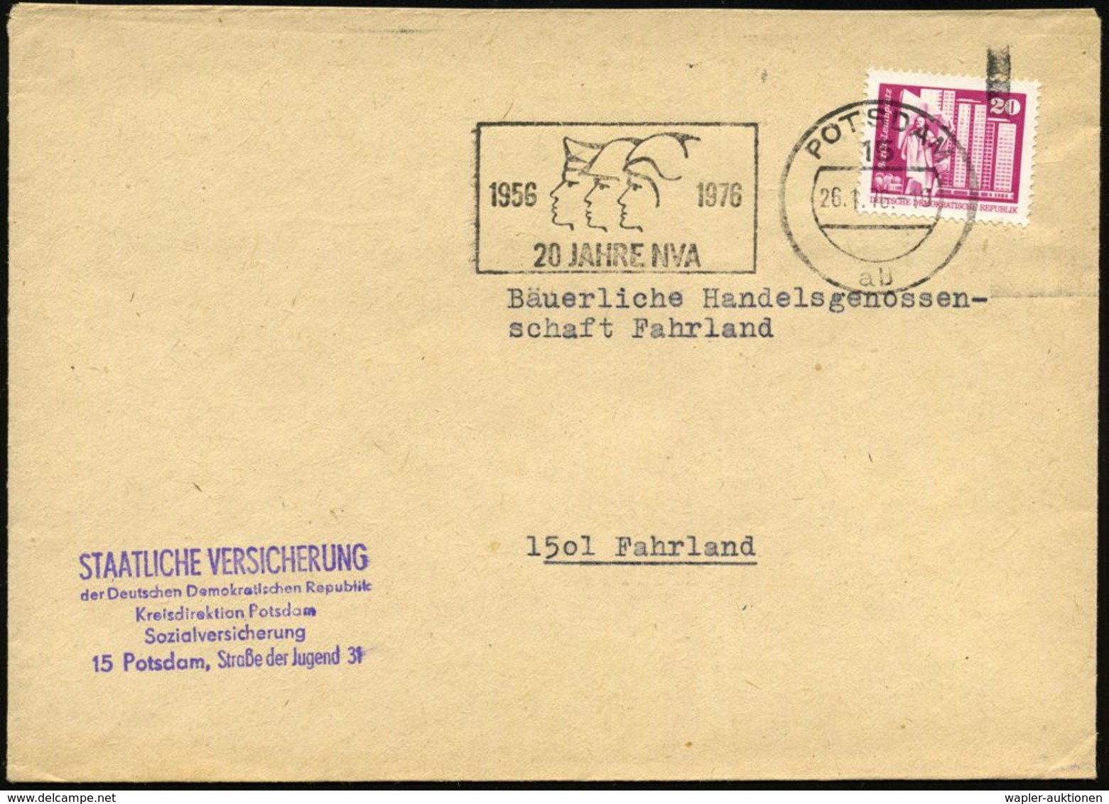 15 POTSDAM/ Ab/ 1956 1976/ 20 JAHRE NVA 1976 (26.1.) MWSt = Köpfe Der 3 Waffengattungen , Klar Gest. Fernbf. - Hund, Wol - Autres & Non Classés