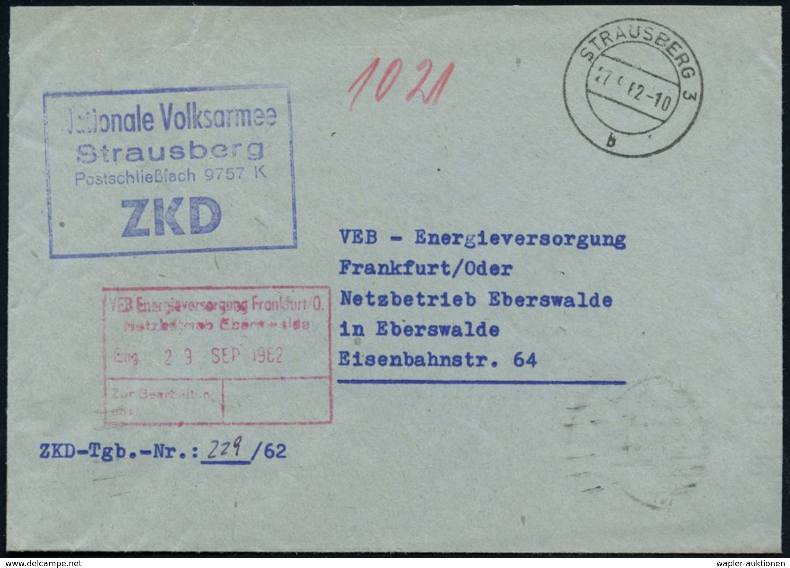 Strausberg/ ZKD/ Nationale Volksarmee.. 1962 (27.9.) Blauer ZKD-Ra.4 (minim. Undeutl.) + 2K: STRAUSBERG 3/b, ZKD-Bf. - H - Altri & Non Classificati