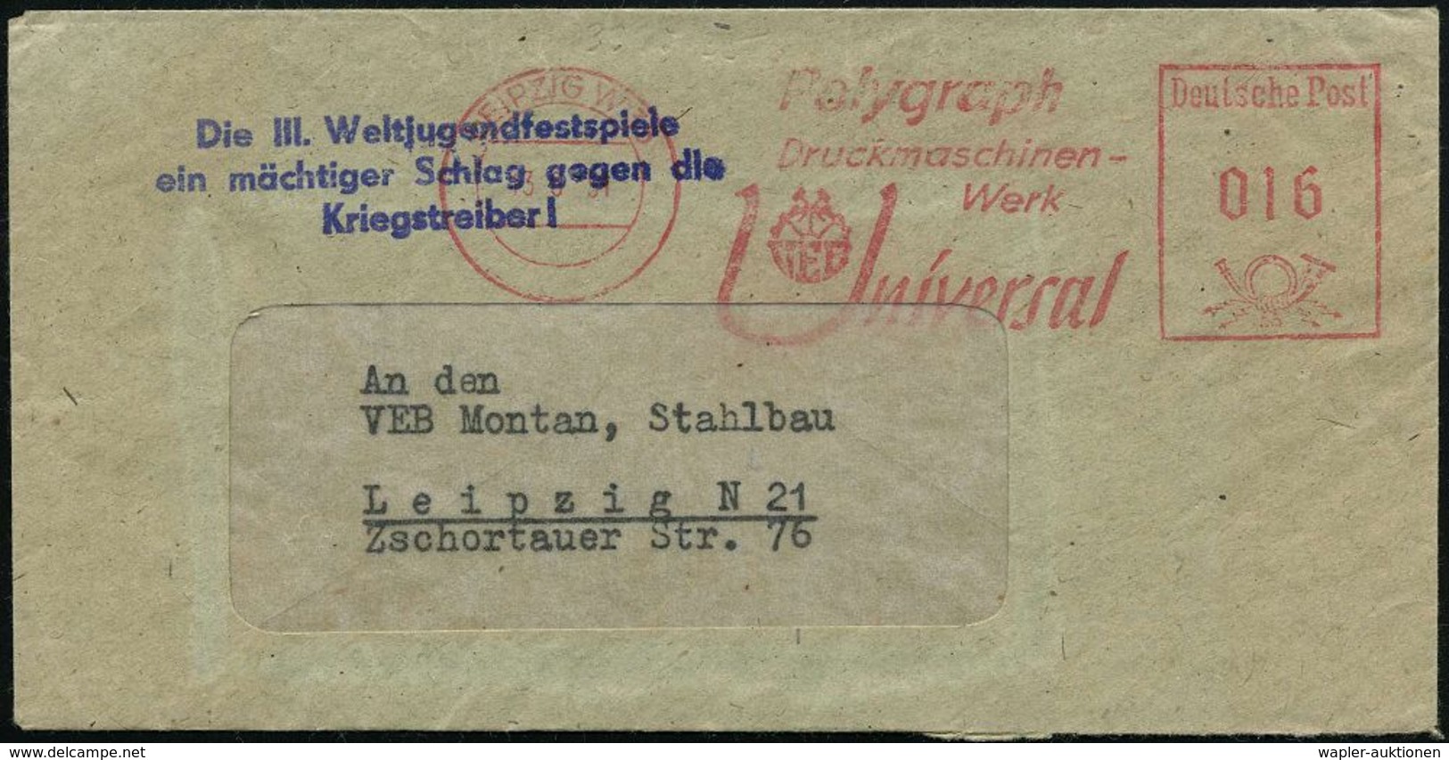 LEIPZIG W 35/ Polygraph/ Druckmaschinenwerk/ VEB/ Universal 1951 (13.6.) AFS (Logo) + Viol. 3L: Die III. Welt-jugendfest - Autres & Non Classés