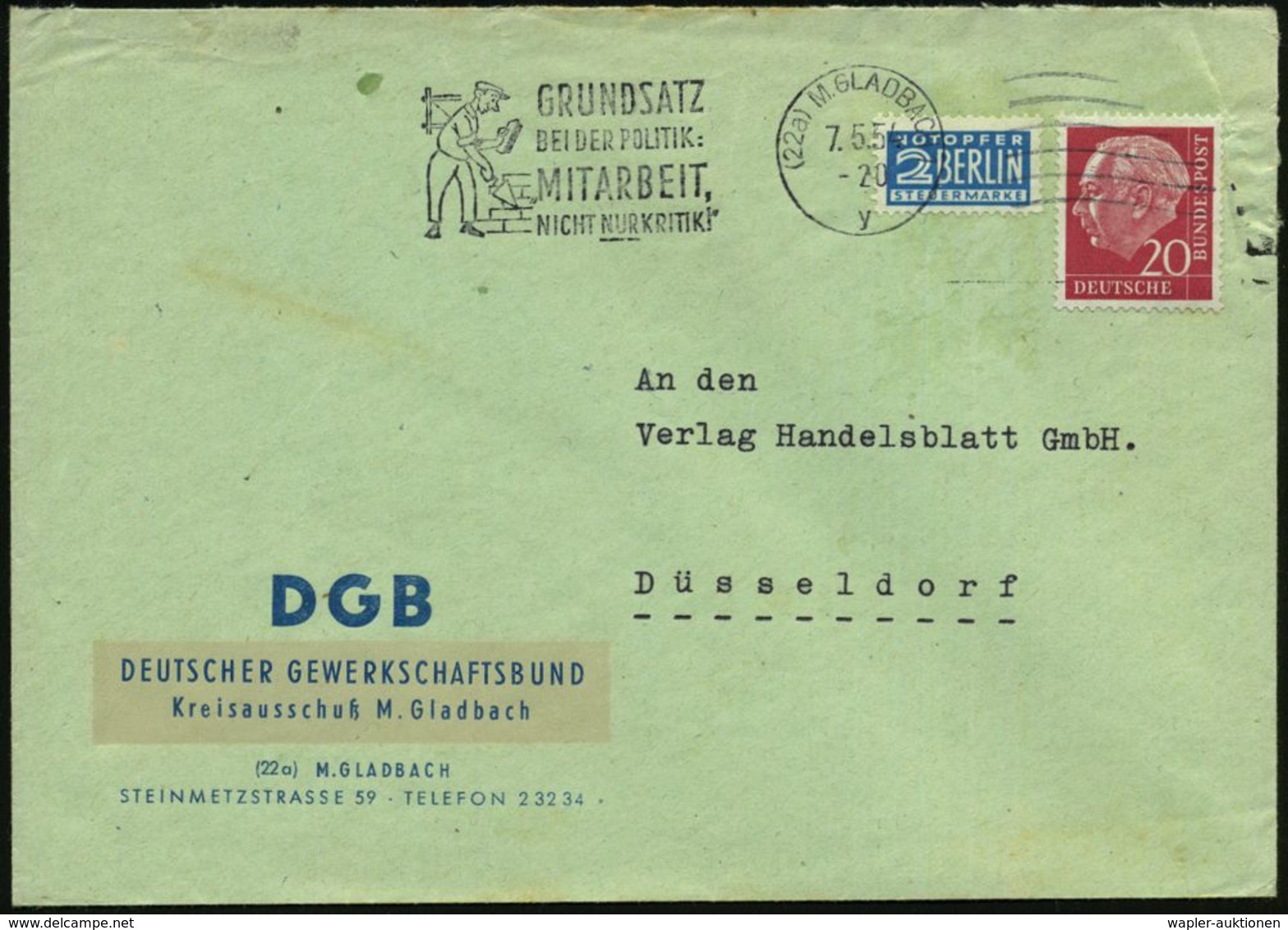 (22a) M.GLADBACH 1/ Y/ GRUNDSATZ/ BEI DER POLITIK:/ MITARBEIT/ NICHT NUR KRITIK! 1954 (7.5.) MWSt + 6 Wellen Rechts = Se - Altri & Non Classificati