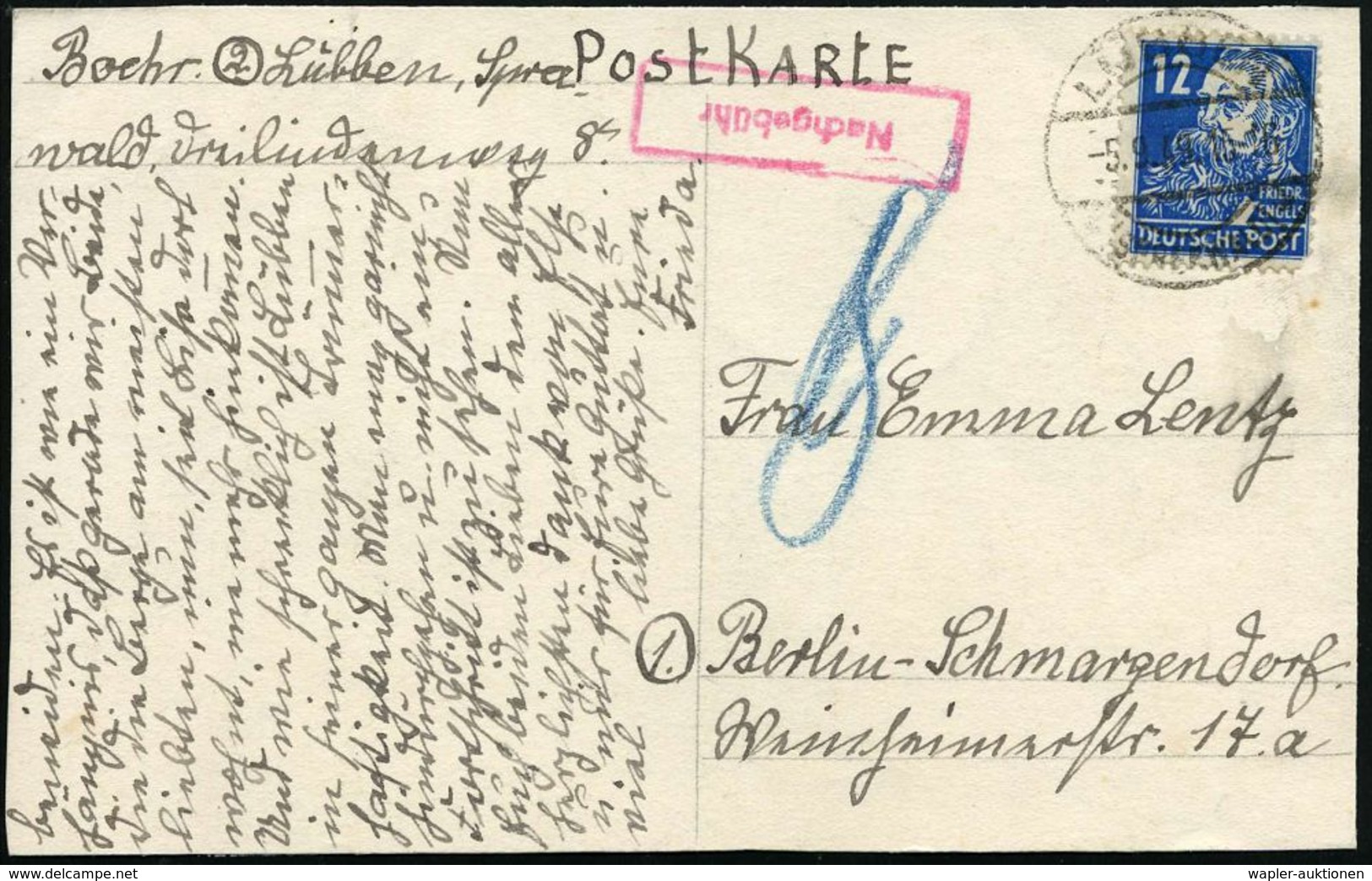 LÜBBEN/ (SPREEWALD)/ B 1949 (5.9.) 12 Pf. Friedr. Engels, EF Nicht Anerkannt + Roter Ra.: Nachgebühr "8" Pf. (Burhop  Nr - Autres & Non Classés