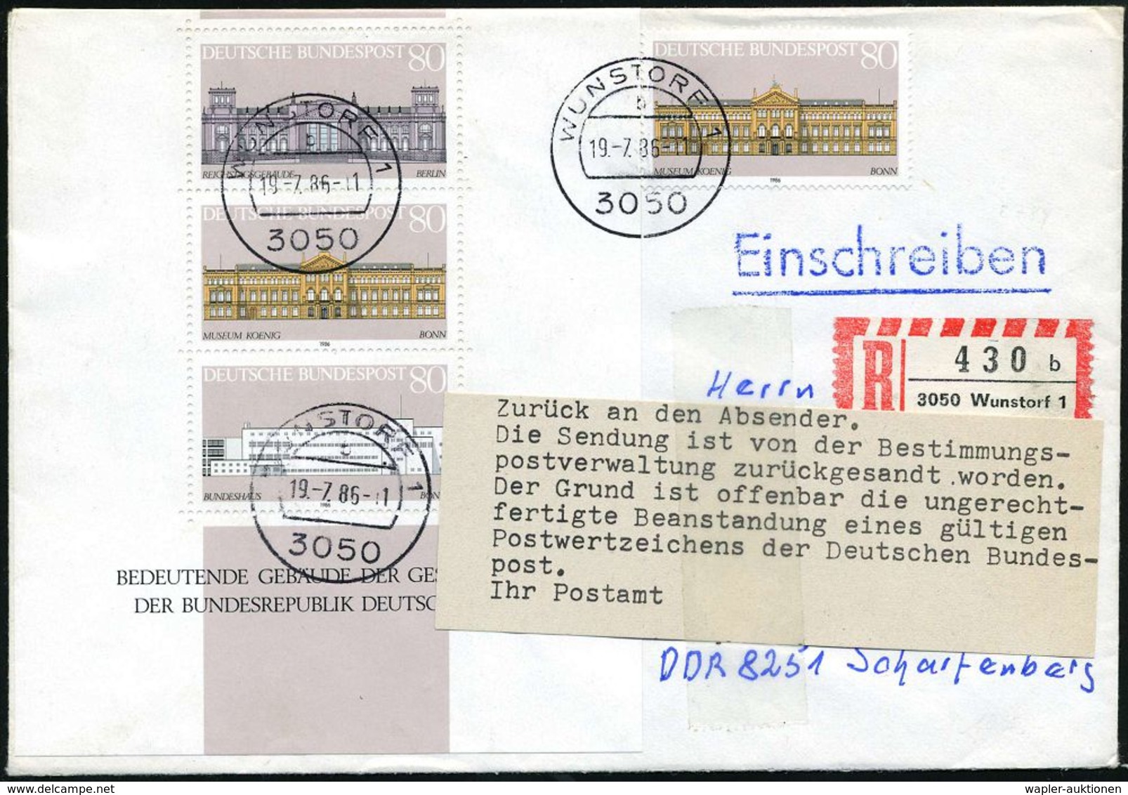 3050 WUNSTORF 1/ B 1986 (19.7.) 1K Auf Block 80 Pf. + 80 Pf. + 80 Pf. Reichstag, Museum König, Bundeshaus + 80 Pf. Museu - Autres & Non Classés