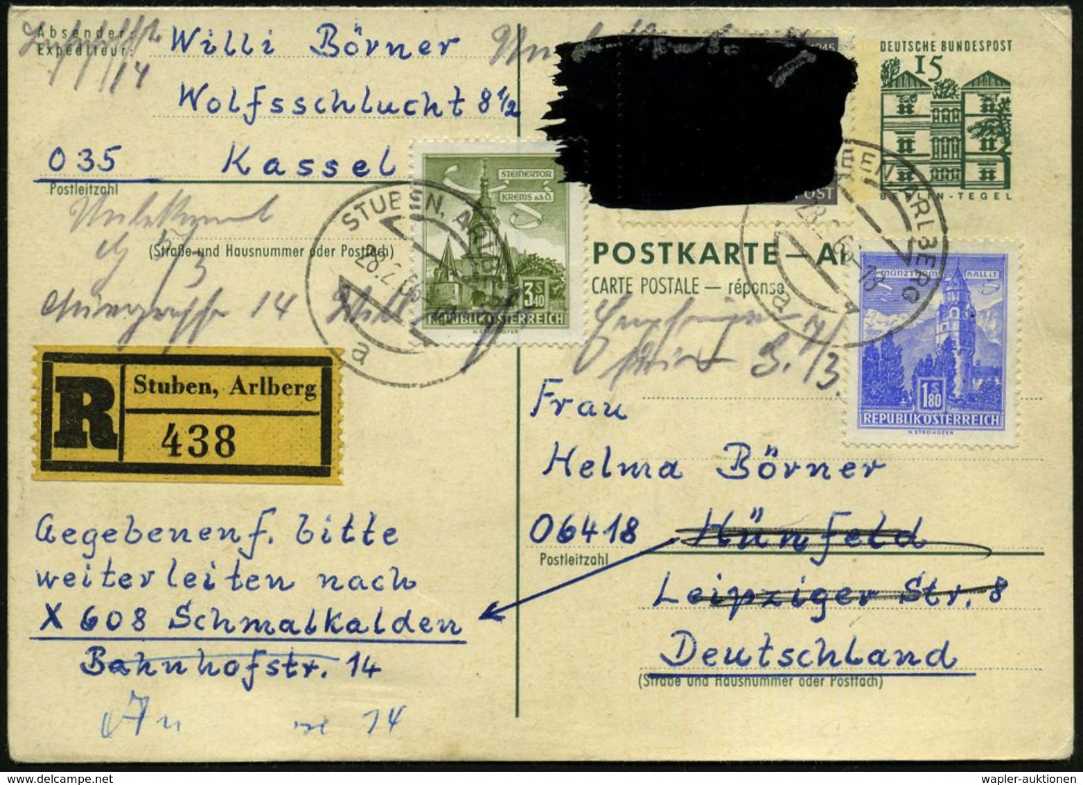 ÖSTERREICH /  B.R.D. 1966 (28.2.) Amtl. Antwort-P. 15 Pf. B.R.D. "Tegel", Grün + Zusatzfrankat. 20 Pf. "20 Jahre Vertrei - Autres & Non Classés