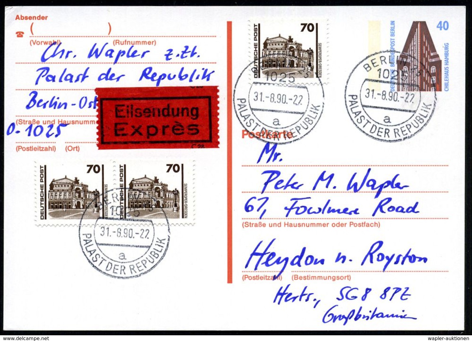 1025 BERLIN 25/ A/ PALAST DER REPUBLIK 1990 (31.8.) 1K = Hauspostamt DDR-Volkskammer Auf P 40 Pf. Berlin Chile-haus (P 1 - Otros & Sin Clasificación