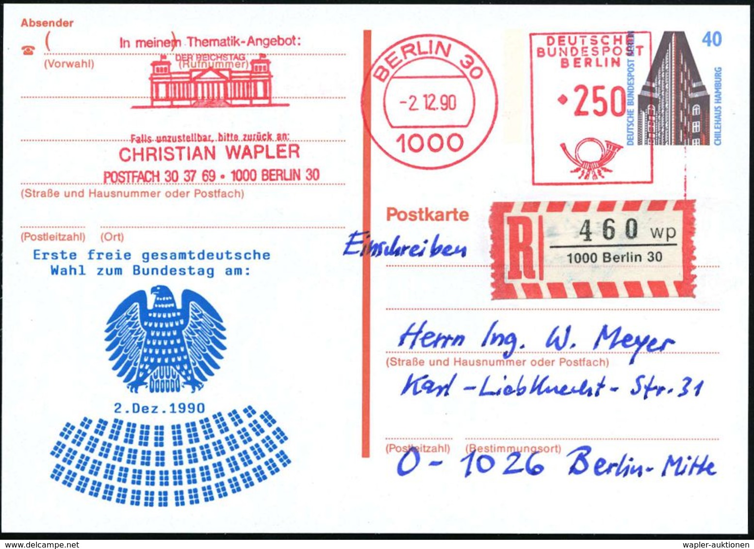 1000 BERLIN 30/ ..DER REICHSTAG.. 1990 (2.12.) AFS 250 Pf. (Reichstag) Als VE Auf Amtl. P 40 Pf. Chilehaus + Zudruck: Er - Otros & Sin Clasificación