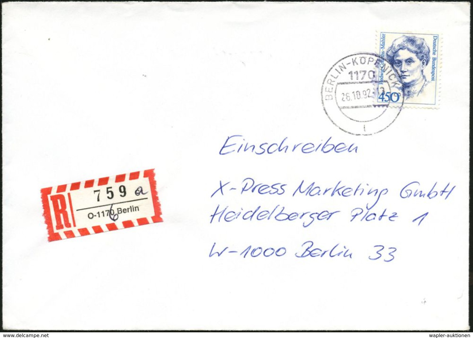 1170 BERLIN-KÖPENICK 6/ L 1992 (26.10.) DDR-1K + Korrigierter RZ: O-1170 Berlin/c, Hs.  G E ä N D E R T   In "O-1176" +  - Sonstige & Ohne Zuordnung