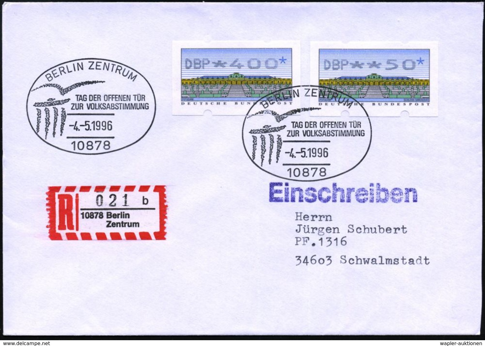 10878 BERLIN ZENTRUM/ TAG DER OFFENEN TÜR/ ZUR VOLKSABSTIMMUNG 1996 (4.5.) SSt = Stilis. Brandenbg. Tor 2x Auf ATM 50 Pf - Sonstige & Ohne Zuordnung