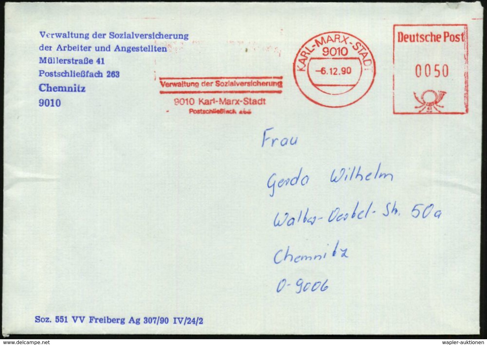 9010 KARL-MARX-STADT/ Verwaltung D.Sozialversicherung/ 9010 Karl-Marx-Stadt 1990 (6.12.) Aptierter AFS = FDGB Entfernt!, - Autres & Non Classés