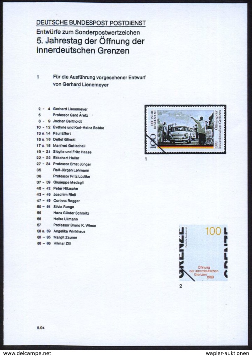 B.R.D. 1994 (Sept.) 100 Pf. "5. Jahrestag Öffnung Innerdeutsche Grenze", 68 Verschied. Color-Alternativ-Entwürfe D. Bund - Autres & Non Classés