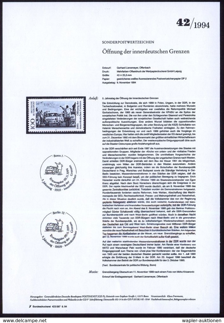 B.R.D. 1994 (Nov.) 100 Pf. "5 Jahre Öffnung Innerdeutsche Grenze" (Trabants überqueren Geöffnete Grenze) Mit Amt. Handst - Autres & Non Classés