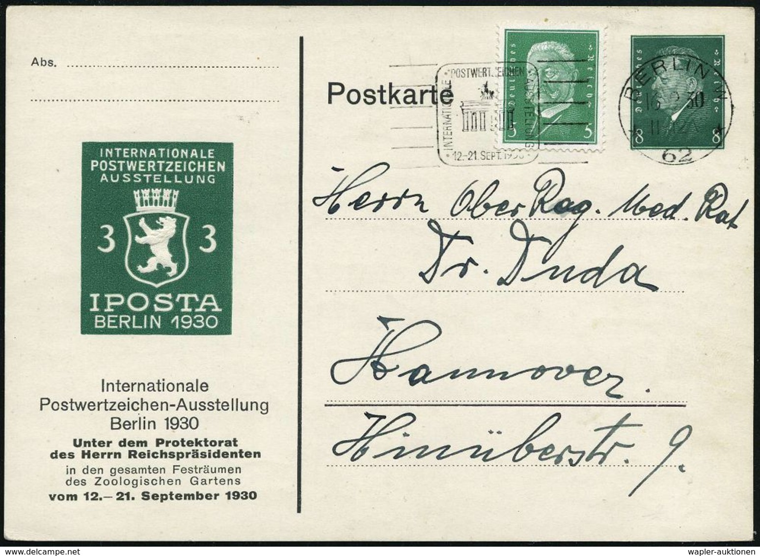 BERLIN W/ *62*/ INTERNAT./ POSTWERTTZEICHEN/ AUSSTELLUNG 1930 (16.9.) MWSt = Brandenbg. Tor Auf PP 8 Pf. Ebert: IPOSTA B - Monuments