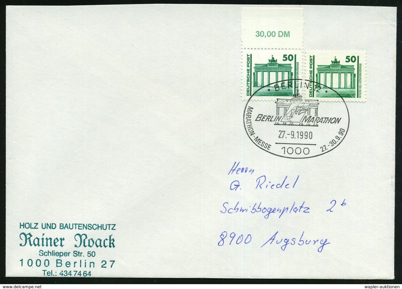 1000 BERLIN 12/ BERLIN MARATHON.. 1990 (27.9.) SSt = Brandenbg. Tor Auf 2x VGO 50 Pf. Brandenbg.Tor (1x Oberrand Mi.3346 - Monuments