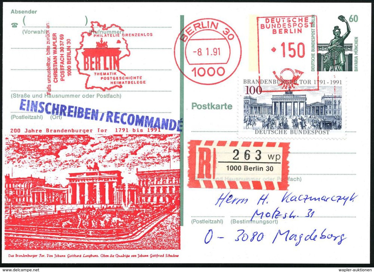 1000 BERLIN 30/ PHILATELIE GRENZENLOS... 1991 (10.8.) AFS 150 Pf. = Brandenbg.Tor Auf Amtl. P 60 Pf. Bavaria + Zudruck:  - Monuments