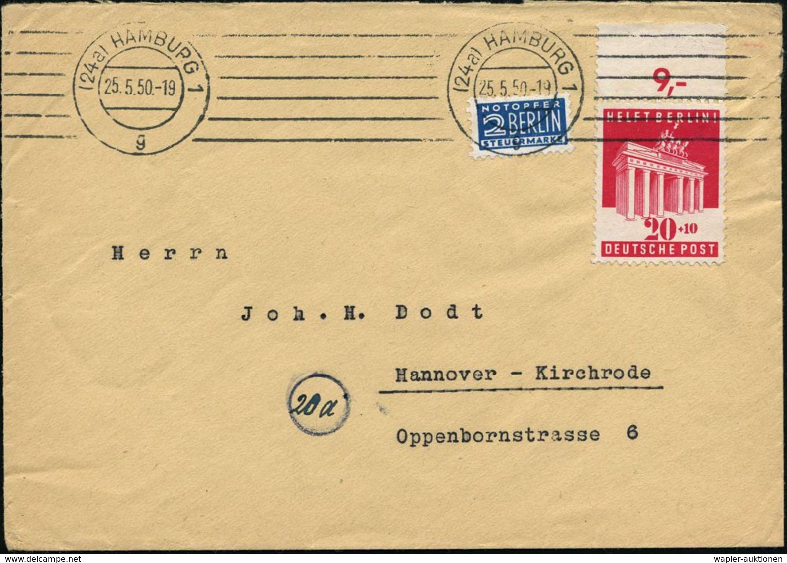 B.R.D. 1950 (25.5.) 20 Pf. + 10 Pf. Berlinhilfe, EF = Brandenbg.Tor + 2 Pf.NoB Klar Gest (Hamburg 1), Inl.-Bf.  (Mi.102  - Monuments