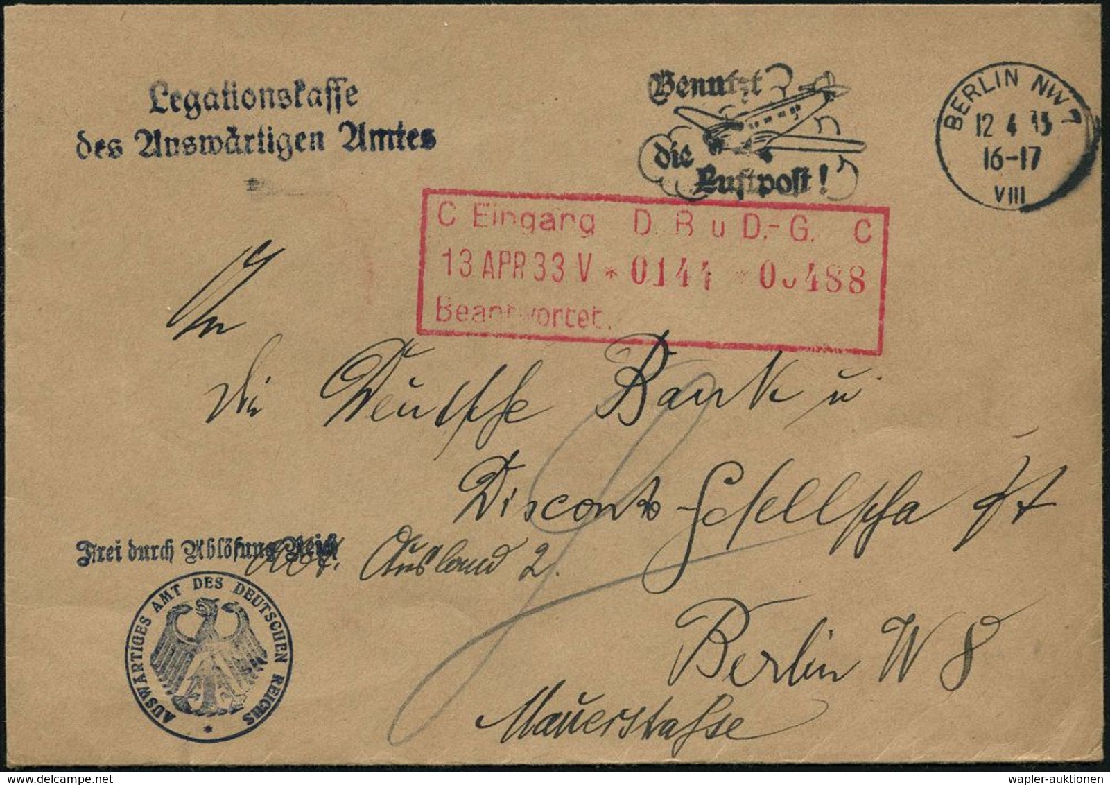 BERLIN NW7/ VIII/ Benutzt/ Die/ Luftpost! 1933 (12.4.) MWSt + Viol. HdN: FdAR/AUSWÄRTIGES AMT DES DEUTSCHEN REI-CHES (no - Autres & Non Classés