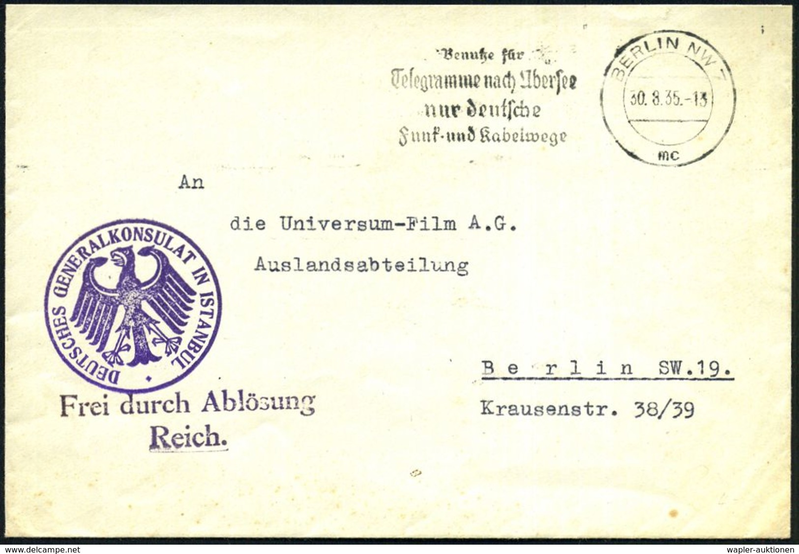 BERLIN NW7/ Mc/ Benutze Für/ Telegramme Nach Übersee/ Nur Deutsche/ Funk-u.Kabelwege 1935 (30.8.) MWSt + Viol. 2L: Frei  - Autres & Non Classés