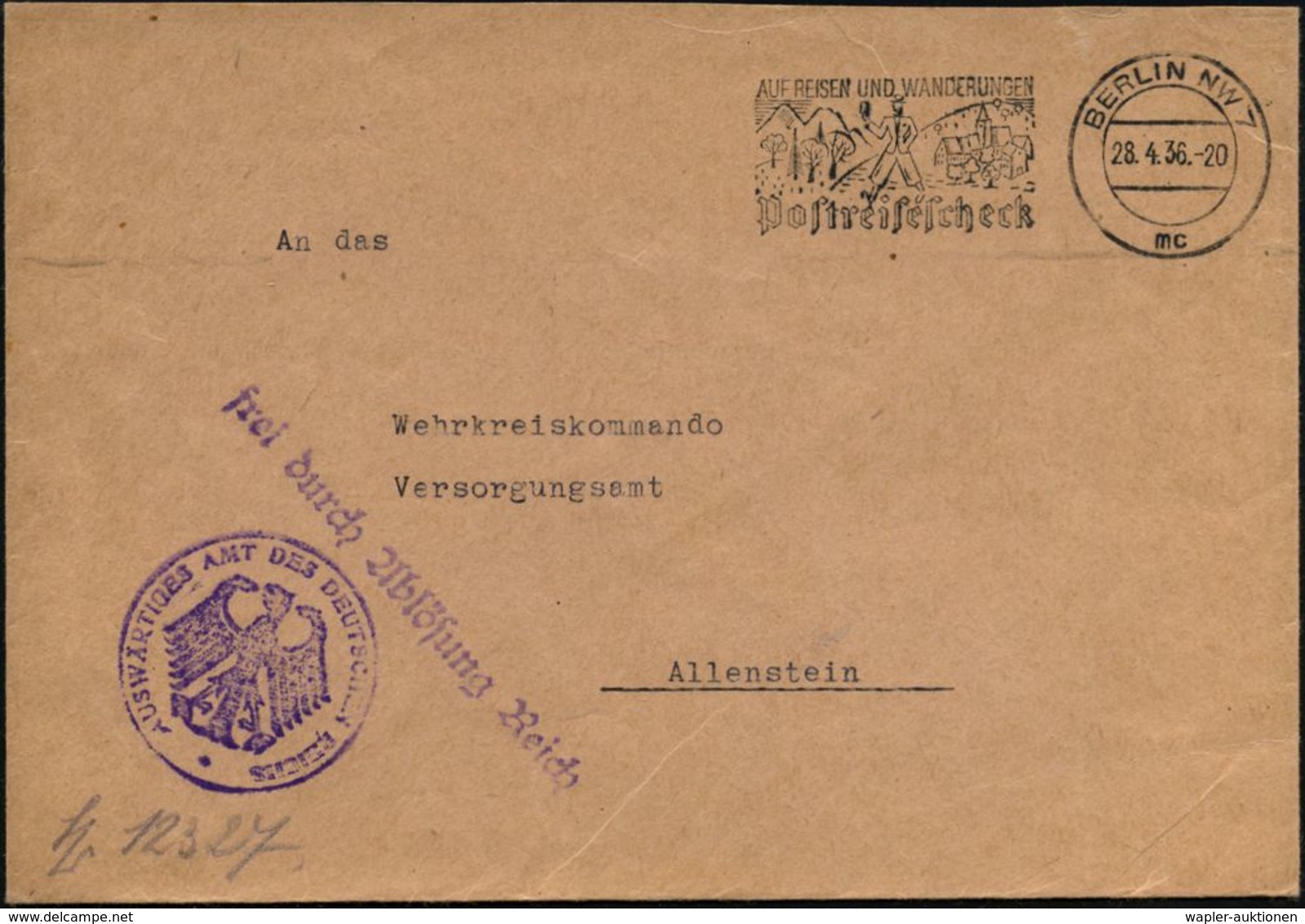 BERLIN NW 7 1936 (28.4.) Viol. HdN: AUSWÄRTIGES AMT DES DEUTSCHEN REICHES (noch Weimarer Adler!) + 1L: FdAR + Rs. Viol.H - Autres & Non Classés
