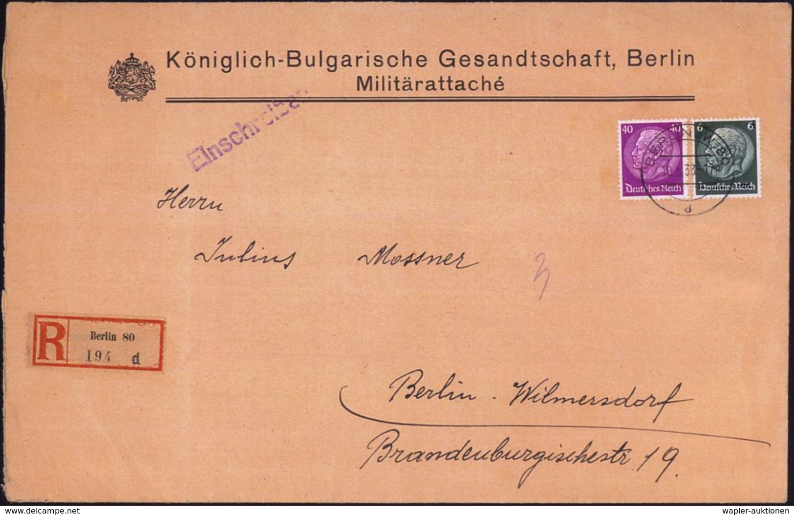 BERLIN W 80/ D 1938 (10.3.) 2-Steg Auf Hindenburg 6 Pf. U. 40 Pf. + RZ: Berlin 80/d , Gr. Dienst-Bf.: Königlich-Bulgaris - Autres & Non Classés