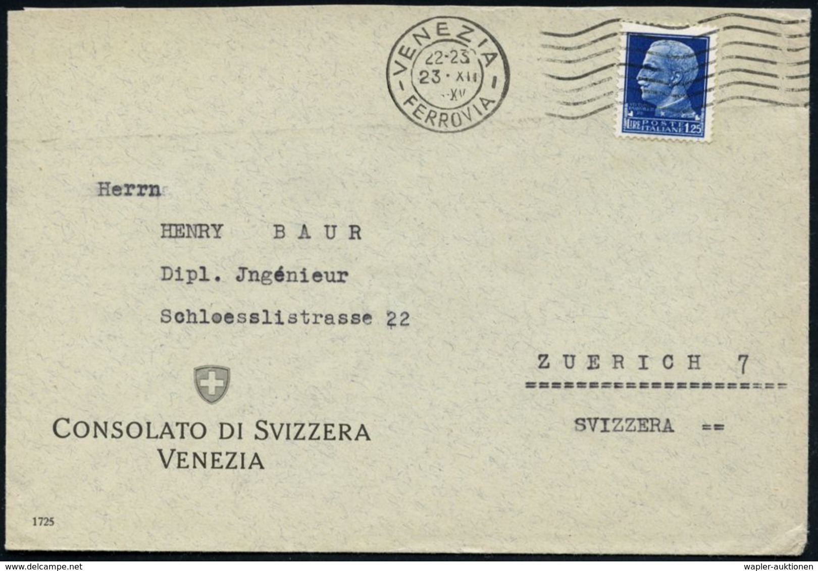 ITALIEN 1936 (23.12.) MaWellenSt.: VENEZIA/FERROVIA Auf EF 1,25 L. Freimarke , Ausl.-Dienst-Bf.: CONSOLATO DI SVIZZERA V - Autres & Non Classés