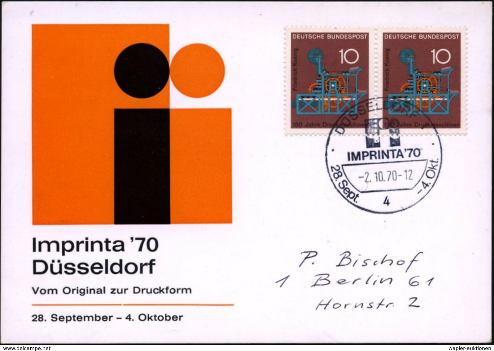 4 DÜSSELDORF 1/ IMPRINTA'70 1970 (2.10.) SSt (Ausst.-Logo) Auf Paar 10 Pf. Koenig-Zylinder-Schnellpresse (Mi.546 MeF) Au - Non Classés