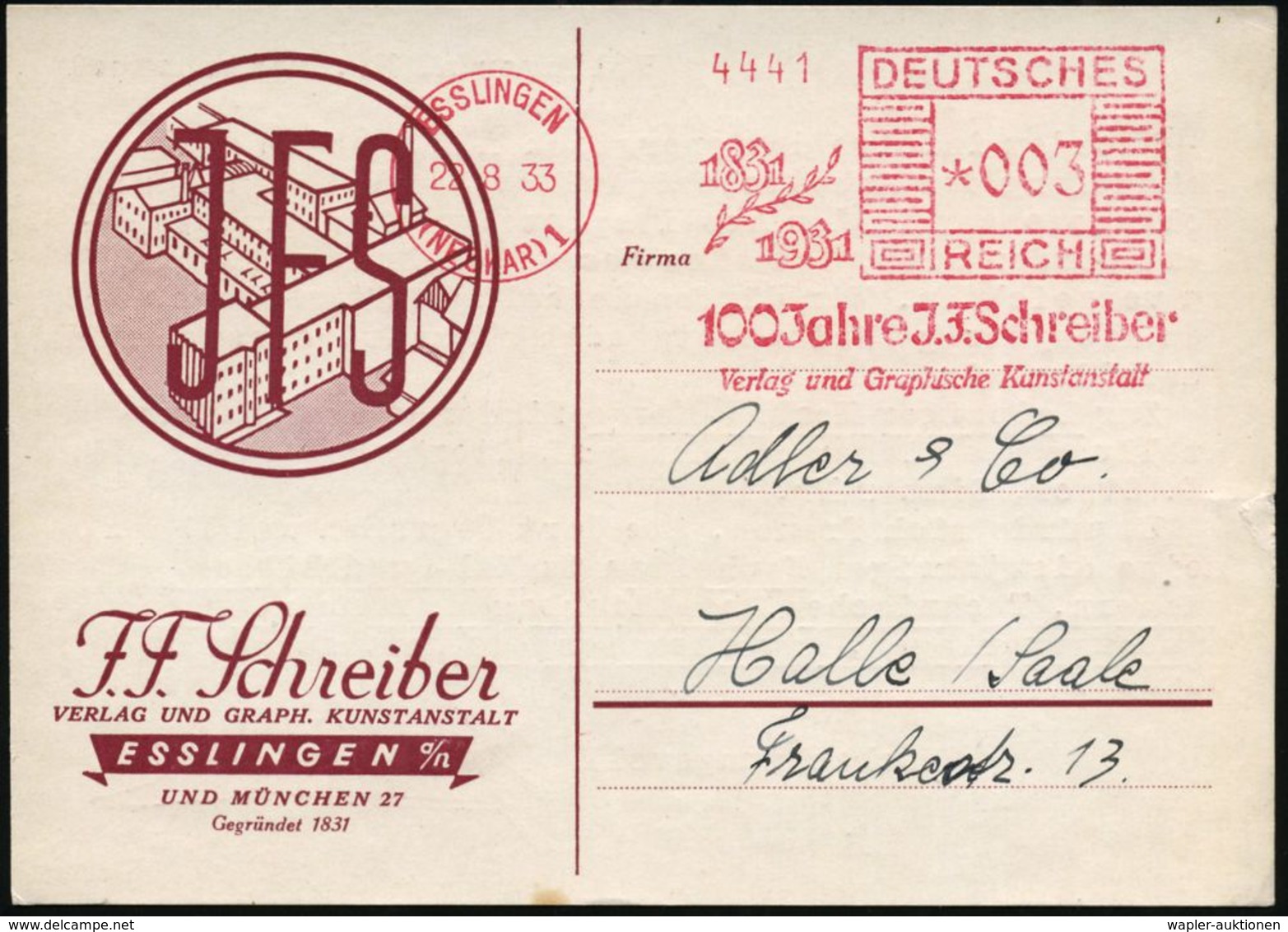 ESSLINGEN/ (NECKAR)1/ 1831/ 1931/ 100 Jahre J.F.Schreiber/ Verlag U.graphische Kunstanstalt 1933 (22.8.) Jubil.-AFS (Lor - Non Classés