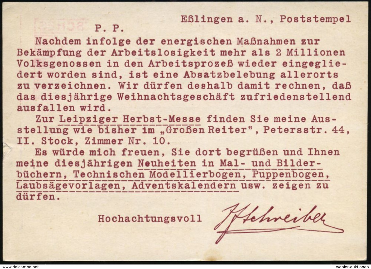 ESSLINGEN/ (NECKAR)1/ 1831/ 1931/ 100 Jahre J.F.Schreiber/ Verlag U.graphische Kunstanstalt 1933 (22.8.) Jubil.-AFS (Lor - Non Classés