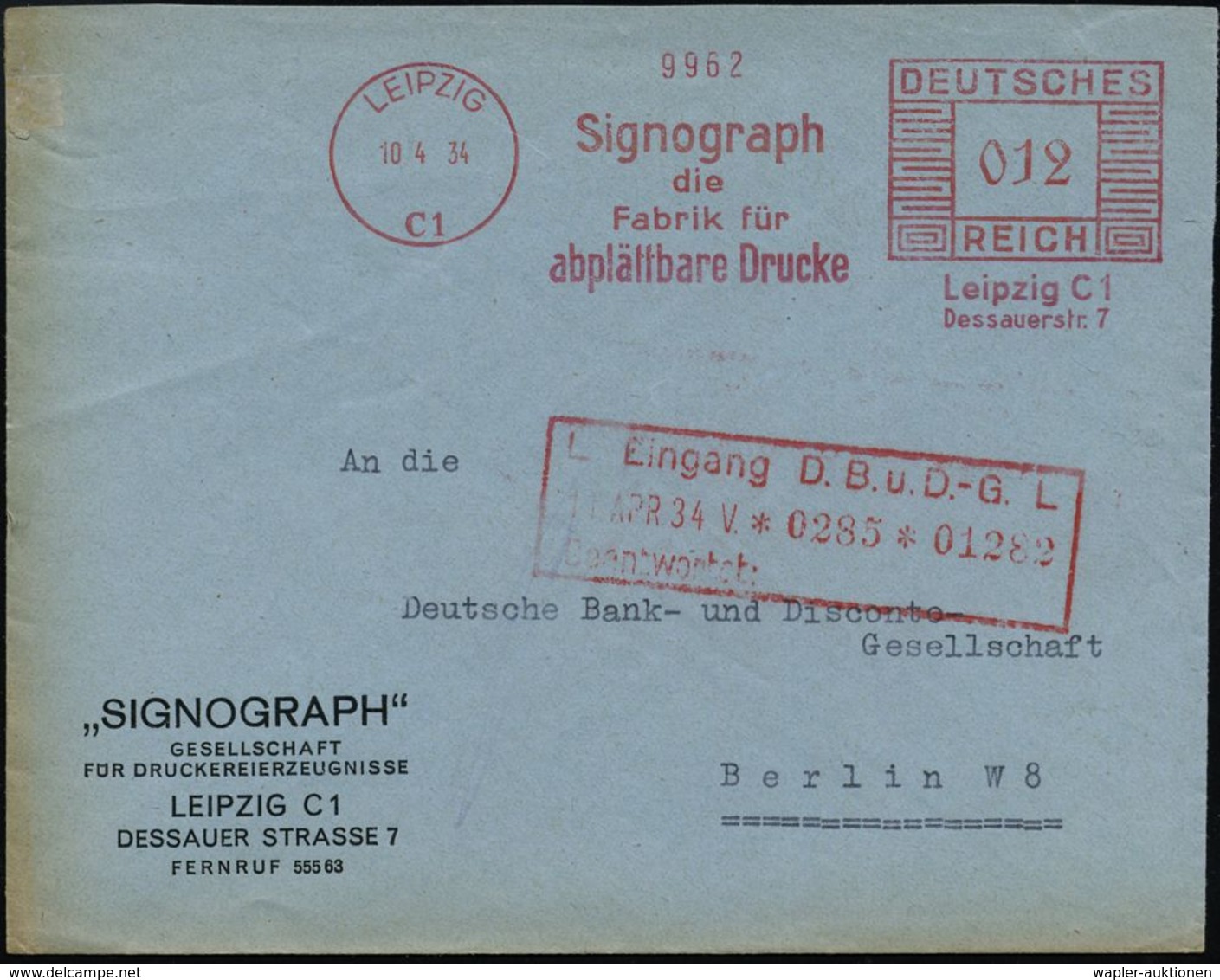 LEIPZIG/ C1/ Signograph/ Die/ Fabrik Für/ Abplättbare Drucke 1934 (10.4.) AFS Auf Firmen-Bf. (links Kl. Randmäng.): "SIN - Non Classés