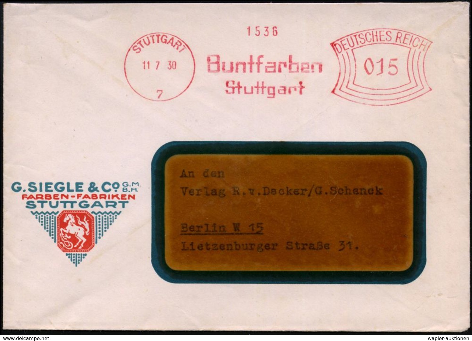 STUTTGART/ 7/ Buntfarben/ Stuttgart 1930 (11.7.) AFS Auf Dekorat., Zweifarbigem Firmen-Bf.: G. SIEGLE & Co. (Dü.E-1CEh)  - Non Classés