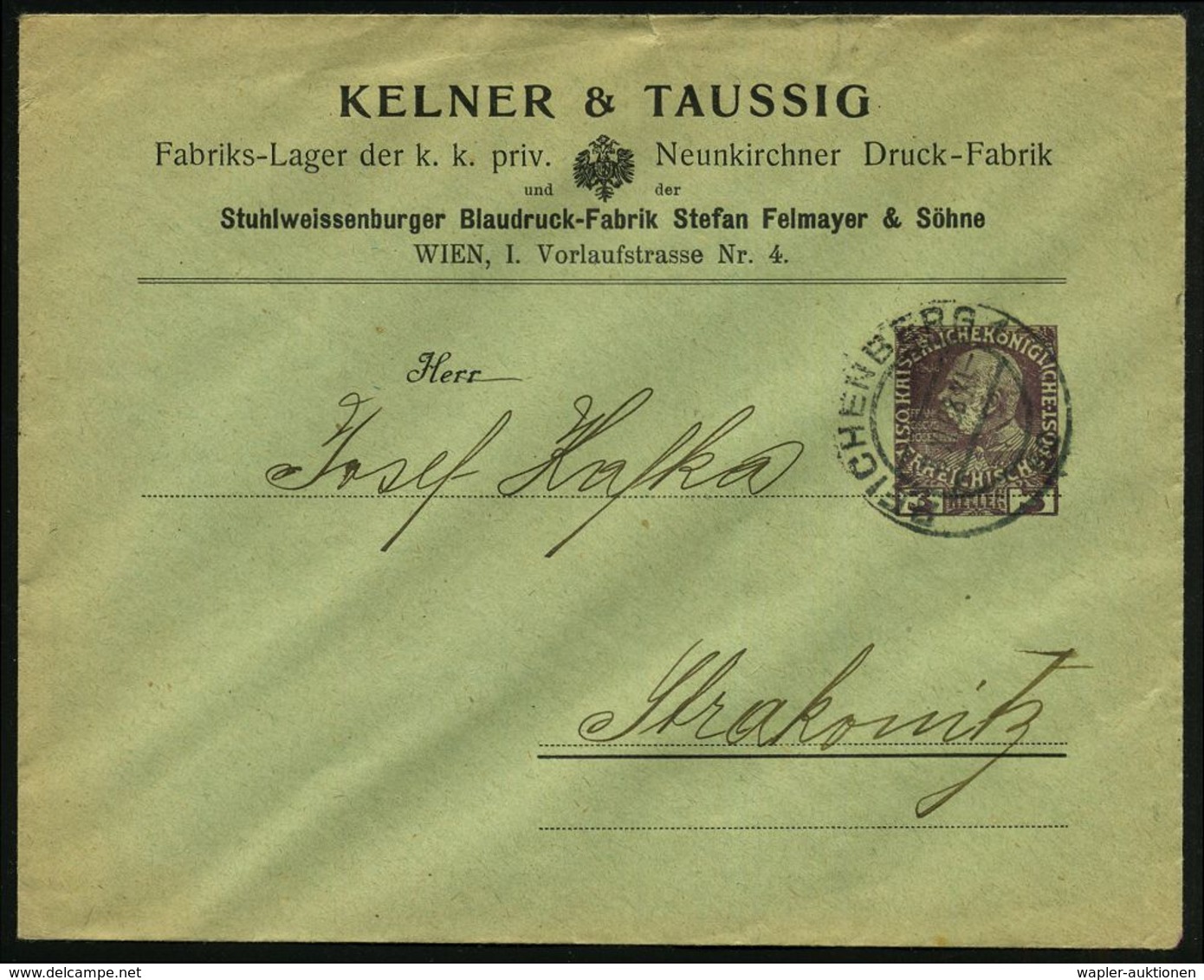 ÖSTERREICH 1908 (8.11.) PU 3 H. KFJ-Jubil., Braunlila: KELNER & TAUSSIG/..Neunkirchner Druck-Fabrik/und D./Stuhlweissen- - Non Classés