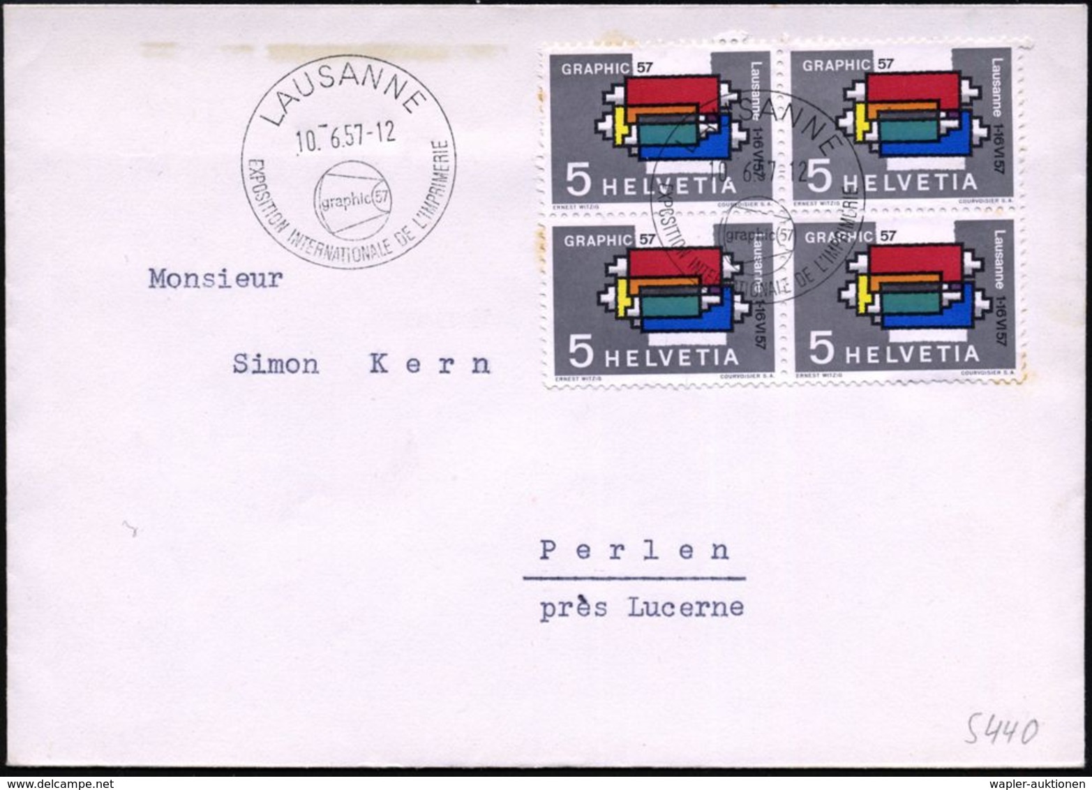 SCHWEIZ 1957 (10.6.) 5 C. "GRAPHIC '57", Reine MeF: 4er-Block (Mi.637 MeF) + SSt.: LAUSANNE/graphic 57/EXPOS. INT. DE L' - Non Classés