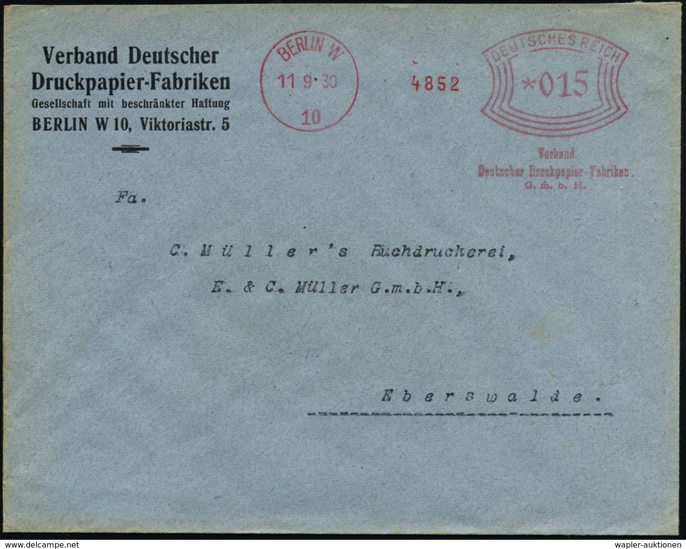 BERLIN W/ 10/ Verband/ Deutscher Druckpapier-Fabrikanten/ GmbH 1930 (11.9.) AFS Klar Auf Firmen-Bf. (Dü.E-1Am) - Elefant - Non Classés
