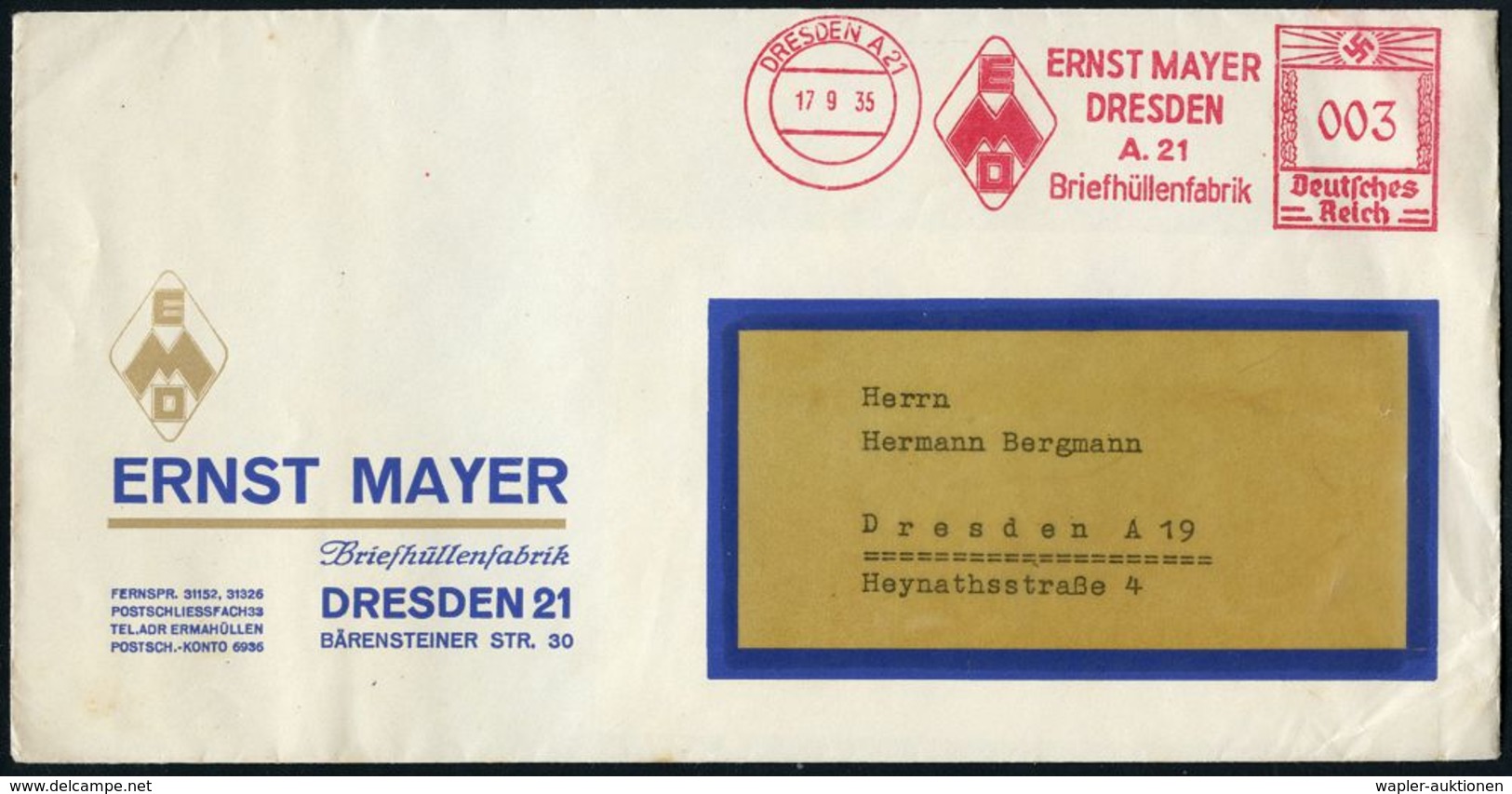 DRESDEN A21/ ERNST MAYER/ ..Briefhüllenfabrik 1935 (17.9.) AFS (Monogr.-Logo) Motivgl. Dekorat. Firmen-Bf., Glasklar Ges - Non Classés