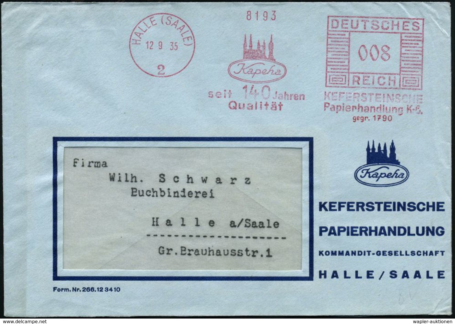 HALLE (SAALE)/ 2/ Kapeha/ Seit 140 Jahren/ Qualität/ KEFERSTEINSCHE/ PAPIERHANDLUNG 1935 (12.9.) Jubil.-AFS (Dom-Silhoue - Non Classés