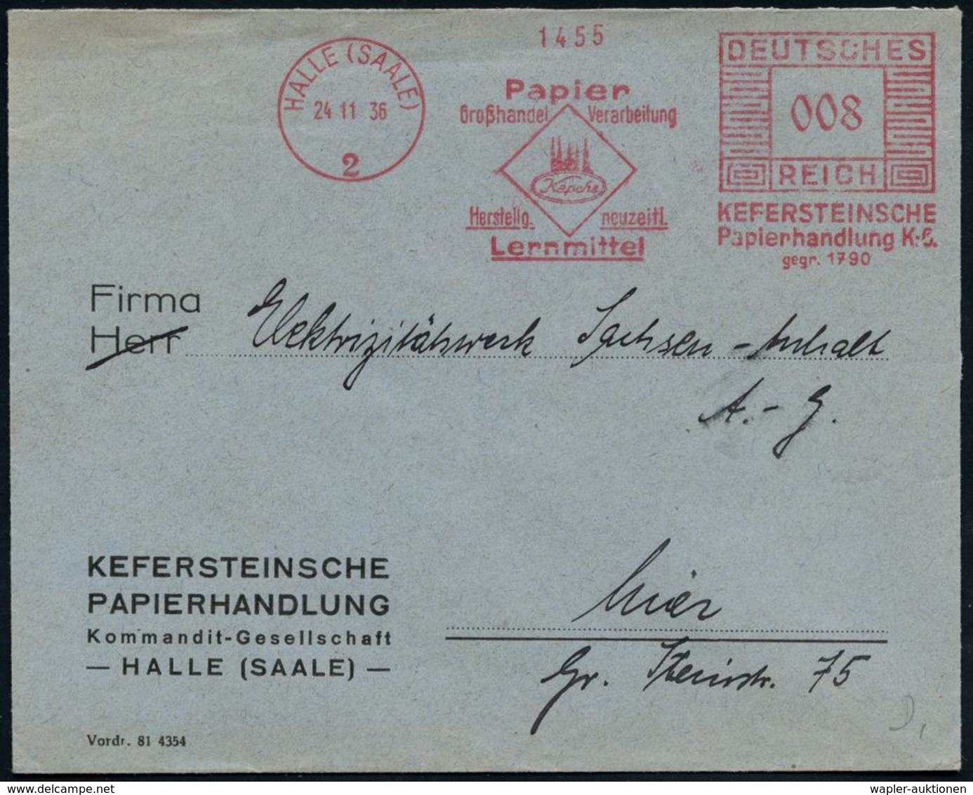 HALLE (SAALE)/ 2/ Papier/ ..Verarbeitung/ ..neuzeitl./ Lernmittel/ KEFERSTEINSCHE/ Papierhandlung KG/ Gegr.1790 1936 (24 - Sin Clasificación