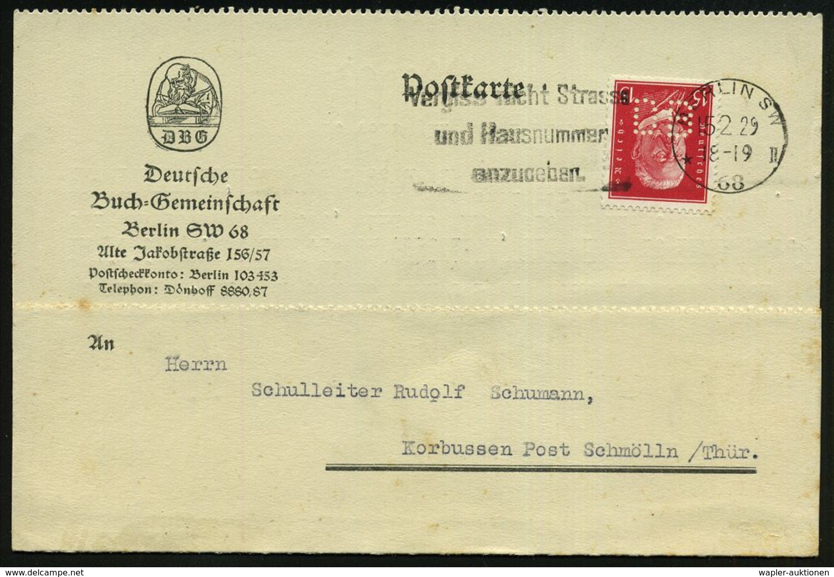 Berlin SW 68 1929 (15.2.) 15 Pf. Hindenburg, Lilarot, Rollenmarke Mit Perfin: "D B" = D Eutsche Buch-Gemeinschaft, Dekor - Ohne Zuordnung