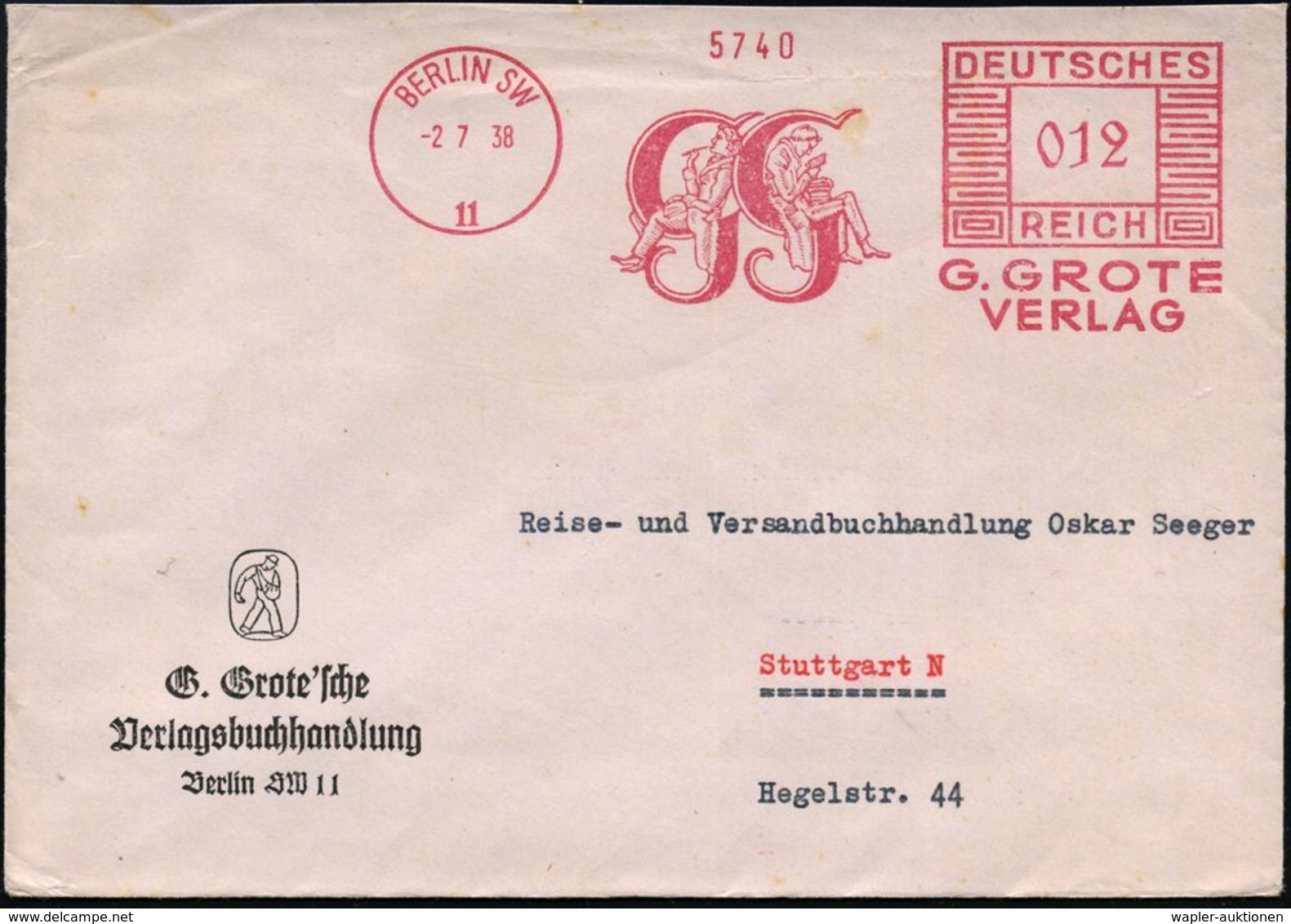 BERLIN SW/ 11/ GG/ G.GROTE/ VERLAG 1938 (2.7.) Dekorat. AFS = 2 Buchleser In Der Mode Des Biedermeier , Firmen-Bf.: G. G - Non Classés