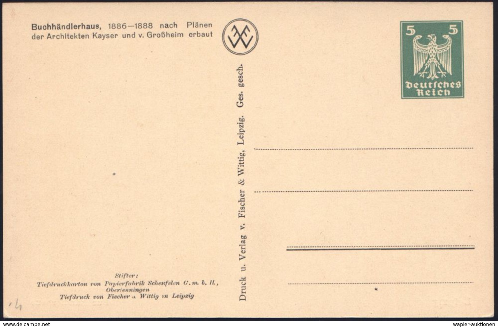 Leipzig 1925 PP 5 Pf. Adler: Buchhändlerhaus (gestiftet Von Der Papierfabrik Scheufelen) Ungebr., Selten!  (Mi.PP 81/F 5 - Non Classificati