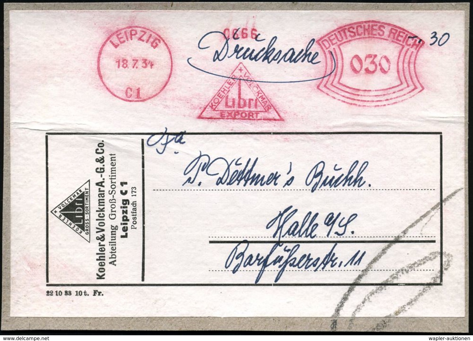 LEIPZIG/ C 1/ KOEHLER/ VOLCKMAR/ Libri/ EXPORT 1934 (18.7.) AFS 030 Pf. (Logo) Motivgl. Adreß-Aufkleber = Inl.-Drs., Höc - Unclassified